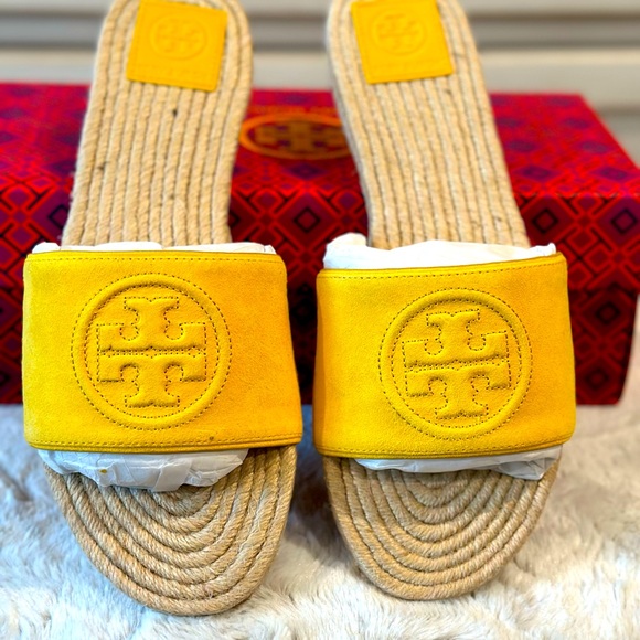 Tory Burch Benton Open Toe Espadrille Slide-Kid Suede- Color Goldfinch - Picture 1 of 4